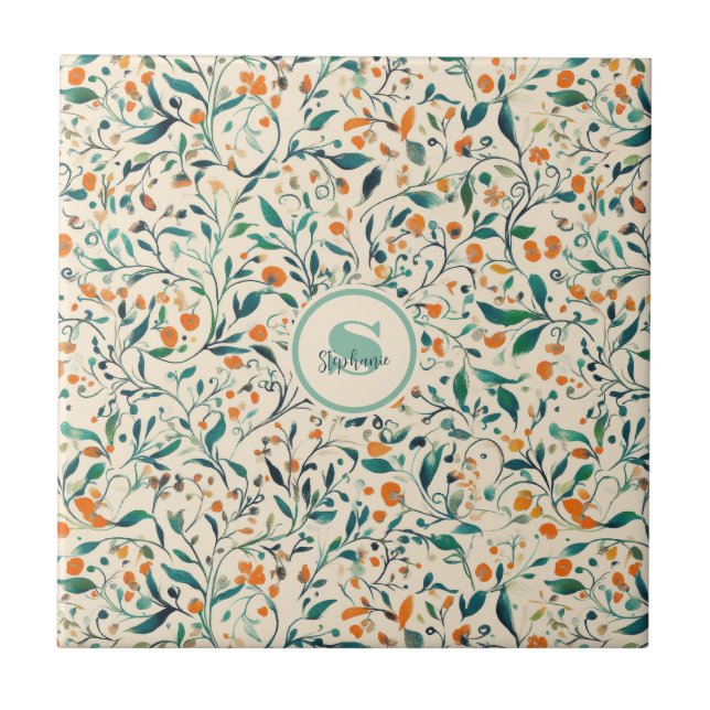 Muted Green Orange Vine Botanical Spring Ceramic Tile (Front)