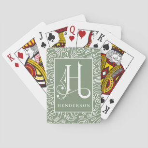 Muted Green Organic LIne Pattern H Monogram, Bicy Playing Cards