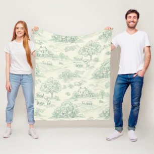 Muted Green Pastoral Farm Animal Toile Print Fleece Blanket