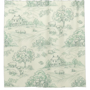 Muted Green Pastoral Farm Animal Toile Print Shower Curtain