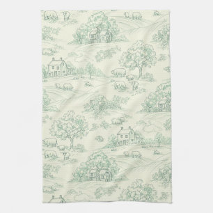 Muted Green Pastoral Farm Animal Toile Print Tea Towel