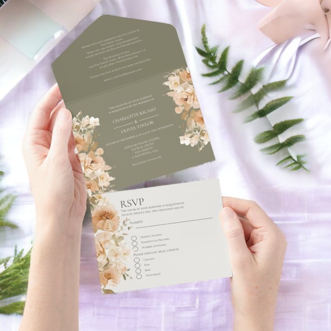 Muted Green Peach Flower Personalised Wedding All In One Invitation (Muted Green Peach Flower Personalized Wedding All In One Invitation from Ricaso)