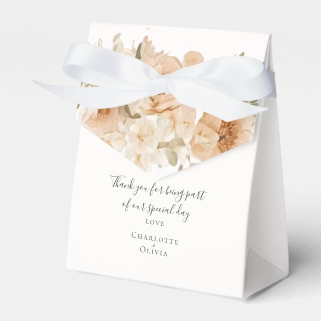 Muted Green Peach Flower Personalised Wedding Favour Box (Front Side)