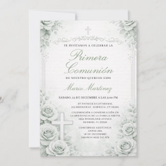 Muted Green Spanish Primera Comunión Cross Floral Invitation