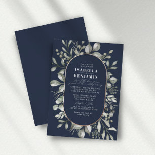 Muted Greenery Oval Dark Navy Wedding Rose Gold