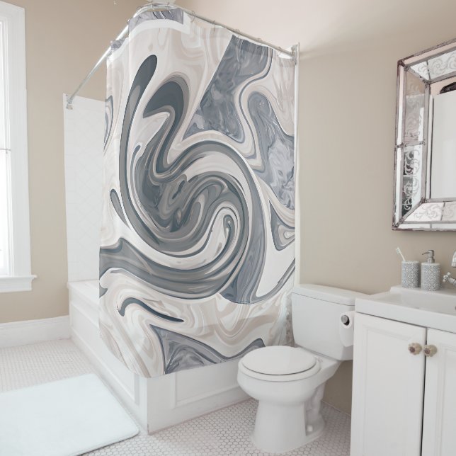 Muted grey and white marble shower curtain (In Situ)