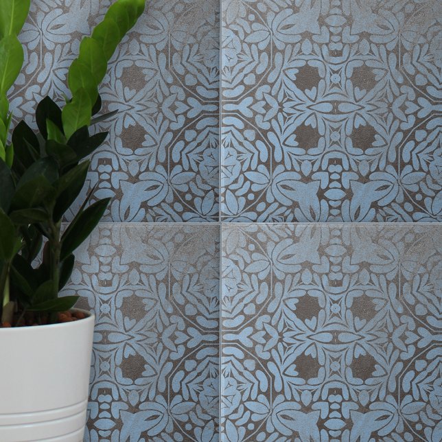 Muted Grey Blue Floral and Geometric Patterns Ceramic Tile (Creator Uploaded)