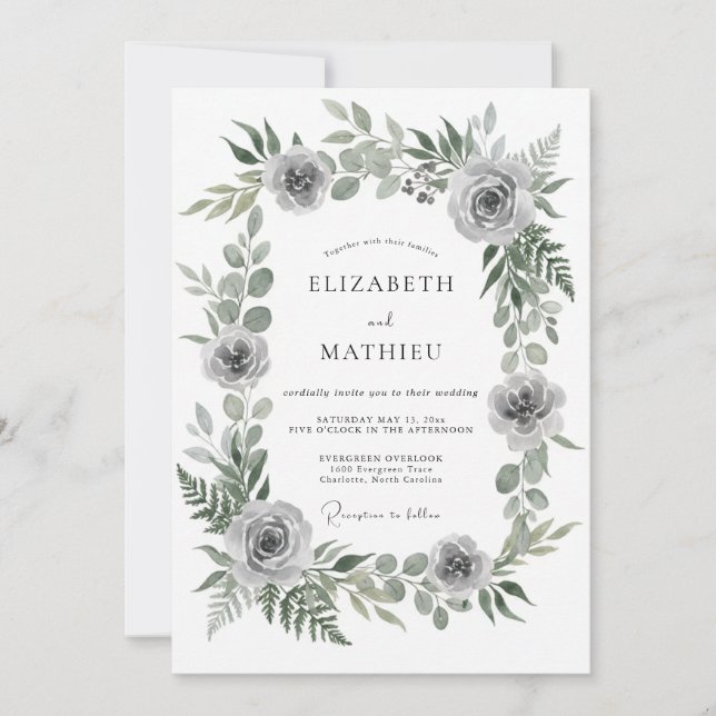 Muted Grey Ranunculus Eucalyptus Wedding Invitation (Front)