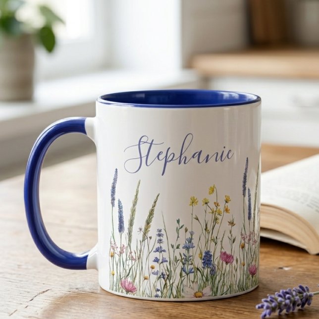 Muted Indigo Botanical Wildflower Meadow Mug (A custom botanical wildflower meadow mug for a friend's daily self care routine.)