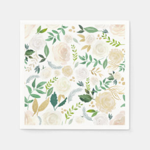 Muted Ivory Floral Pattern with Greenery White Napkin