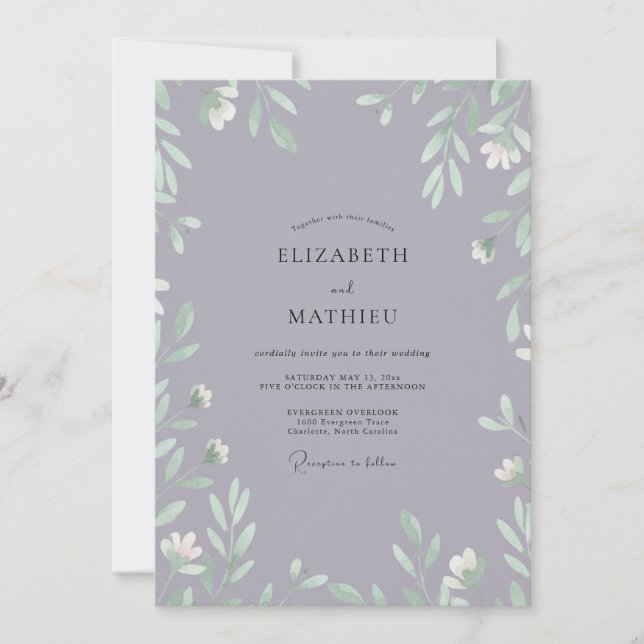 Muted Lilac Leafy Wedding Invitation (Front)