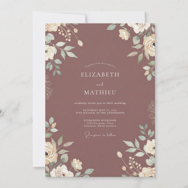 Muted Mauve Leafy Wedding Invitation (Front)