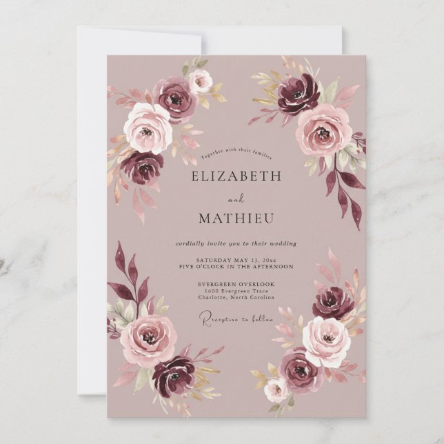 Muted Mauve Plum Peony Wedding Invitation (Front)
