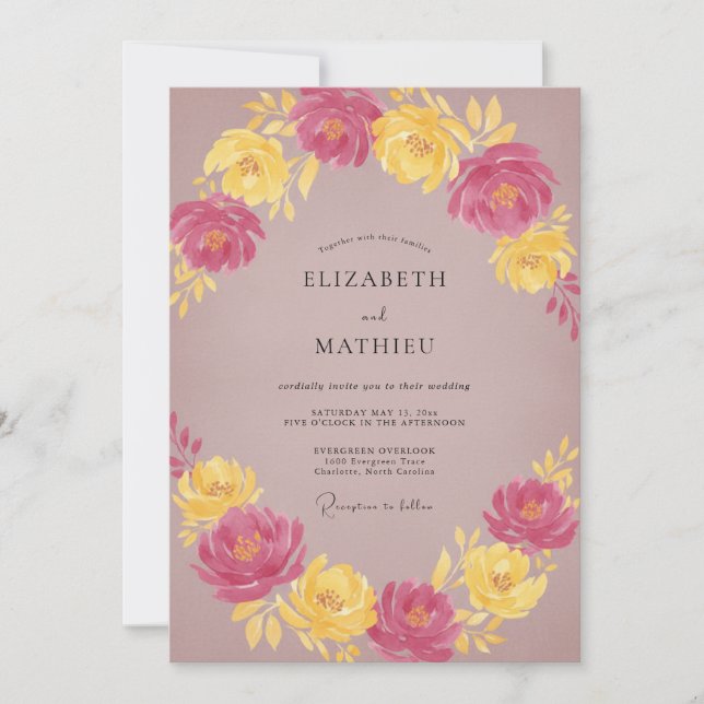 Muted Mauve Yellow Blossom Wedding Invitation (Front)