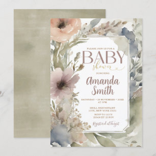 Muted Neutral Wildflowers Baby Shower Watercolor Invitation