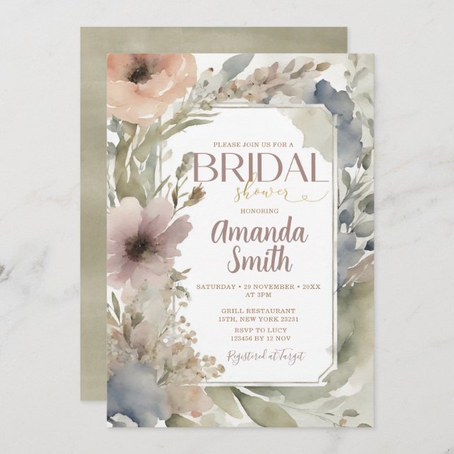 Muted Neutral Wildflowers Bridal Shower Watercolor Invitation (Front/Back)
