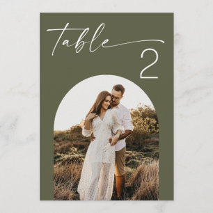 Muted Olive Green Photo Wedding Table Number