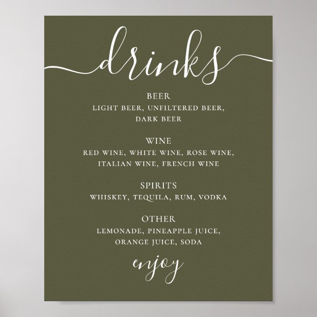 Muted Olive Green Wedding Bar | Modern Drinks Menu Poster (Front)