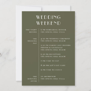 Muted Olive Green Wedding. Earthy Weekend Timeline Invitation