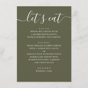 Muted Olive Green Wedding. Modern Garden Reception Menu