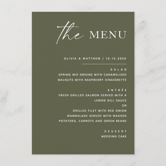 Muted Olive Green Wedding | Modern Minimalist Menu (Front)