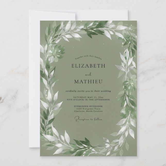 Muted Olive Leafy Wedding Invitation (Front)