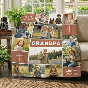 Muted Orange 12 Photo Grandpa Name Bold White Fleece Blanket