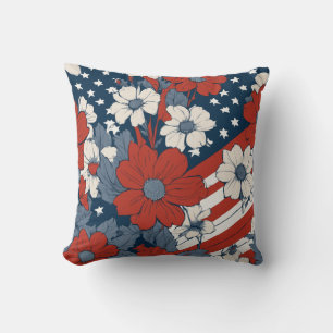 Muted Pastel American Flag and Flowers Cushion