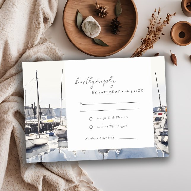 Muted Pastel Coastal Harbour Boats Seascape Weddin RSVP Card (Creator Uploaded)