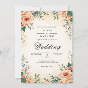 Muted Peach Floral Flourish Wedding Invitation