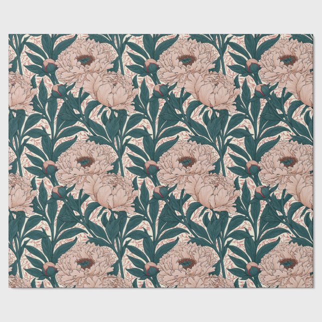 Muted pink and green peonies pattern wrapping paper (Seam)