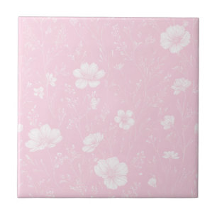 Muted Pink And White Wildflower Pattern Ceramic Tile