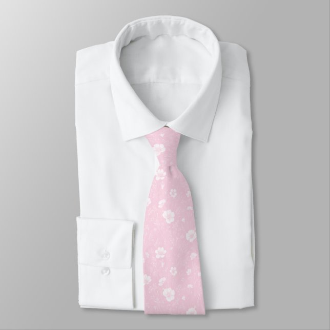 Muted Pink And White Wildflower Patterned Tie (Tied)