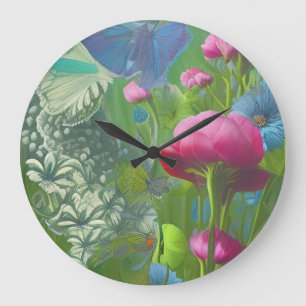Muted pink, blue and White floral Large Clock