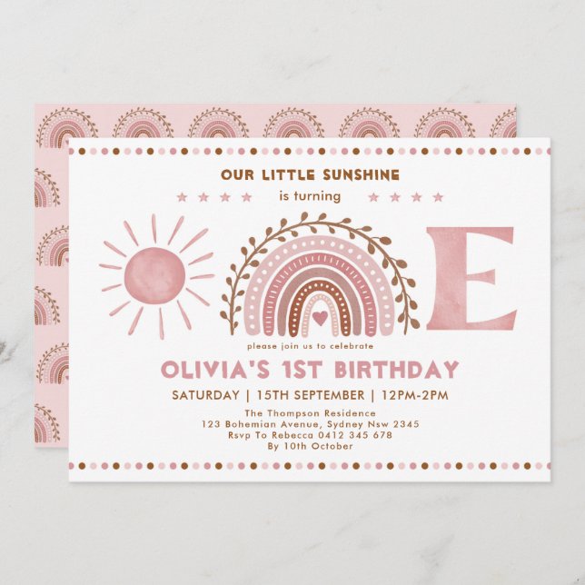 Muted Pink Brown Rainbow & Sunshine 1st Birthday Invitation (Front/Back)