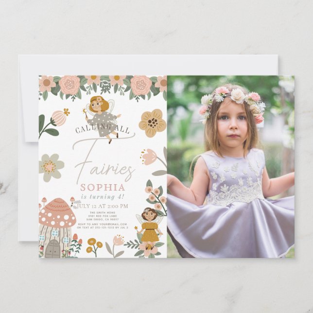 Muted Pink Floral Fairy Girl Birthday Photo Invitation (Front)