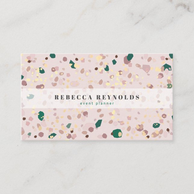 Muted Pink & Green Terrazzo Pattern Modern Business Card (Front)