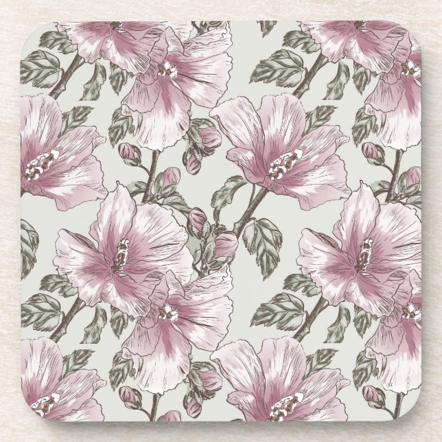 Muted Pink Hibiscus Flowers Pattern Coaster (Front)
