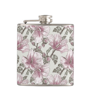 Muted Pink Hibiscus Flowers Pattern Hip Flask