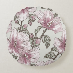 Muted Pink Hibiscus Flowers Pattern Round Cushion