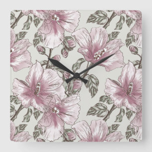 Muted Pink Hibiscus Flowers Pattern Square Wall Clock