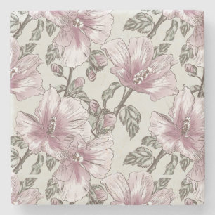 Muted Pink Hibiscus Flowers Pattern Stone Coaster