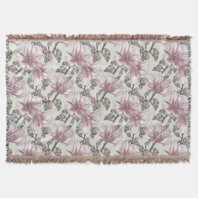 Muted Pink Hibiscus Flowers Pattern Throw Blanket (Front)