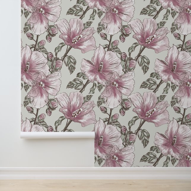 Muted Pink Hibiscus Flowers Pattern Wallpaper (Application)