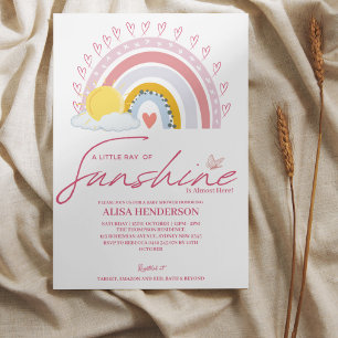Muted Pink Ray of Sunshine Rainbow Baby Shower Inv Invitation