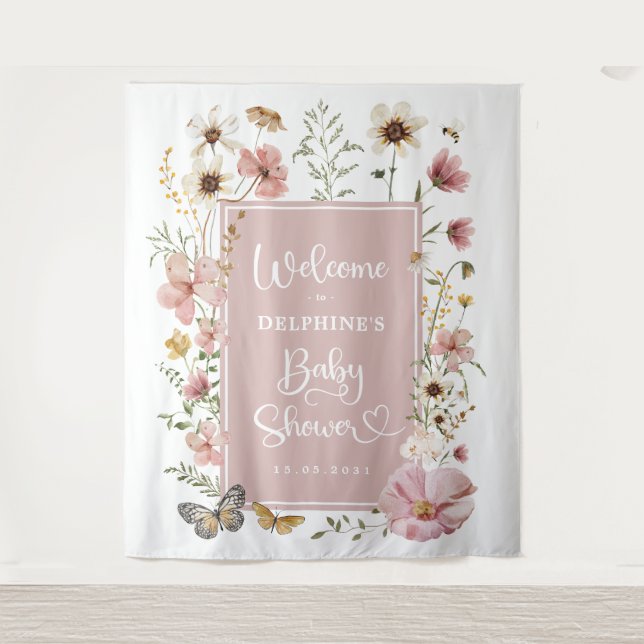 Muted Pink Wildflower Baby in Bloom Shower Welcome Tapestry (Front)