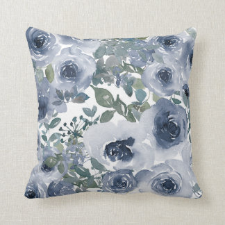 Muted Powder Grey Blue Watercolor Floral Accent Cushion