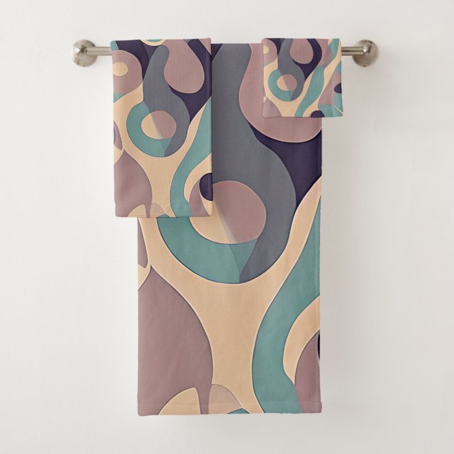 Muted purple and blue abstract waves  bath towel set (Insitu)