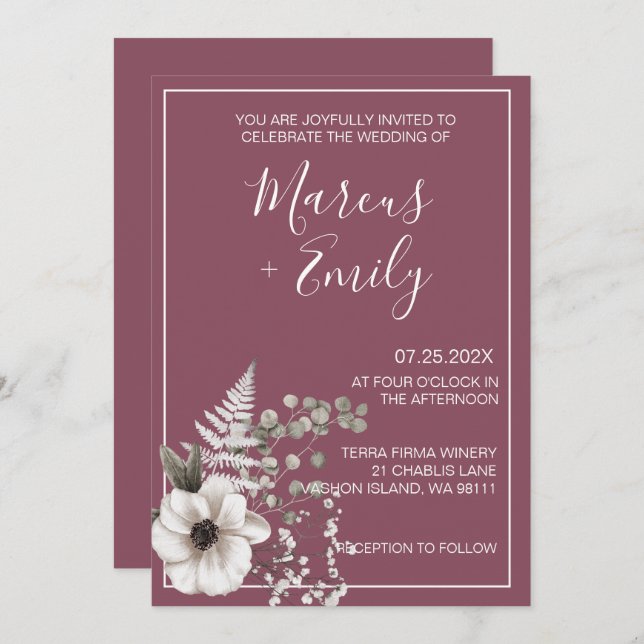 Muted Purple & White Floral Wedding  Invitation (Front/Back)
