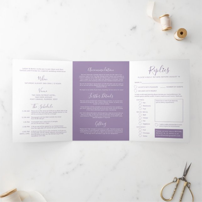 Muted purple white little heart wedding all-in-one Tri-Fold invitation (Inside)